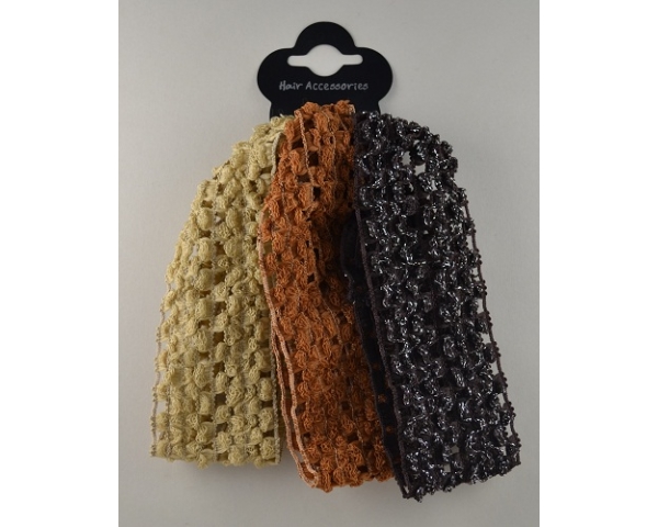 3 crochet style stretchy bandeaux per card in tones of brown