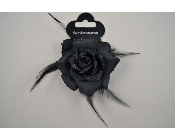Large rose on an elastic with glitter & feathers. In black