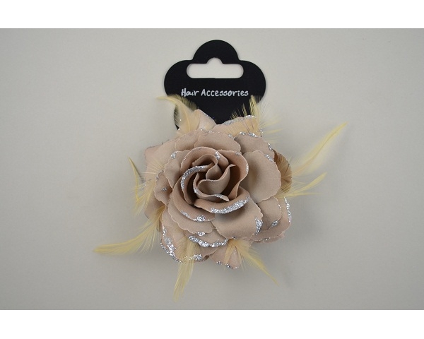 Large rose on elastic with glitter & feathers. Packed 4 beige, 4 cream & 4 brown