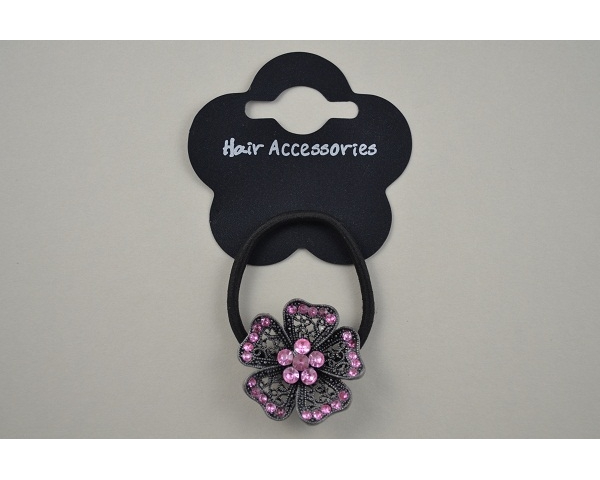 Silver flower on a black elastic decorated with diamantes. Packed 6 pink & 6 clear