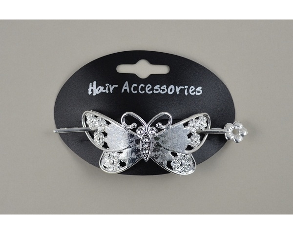 Silver butterfly bun barrette with sliding hair pin fastening