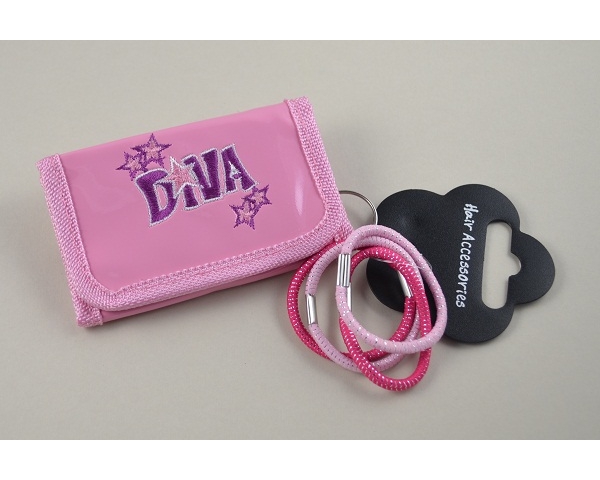 Wallet purse embroidered with 'DIVA' with 4 elastics. Packed 6 pink & 6 hot pink