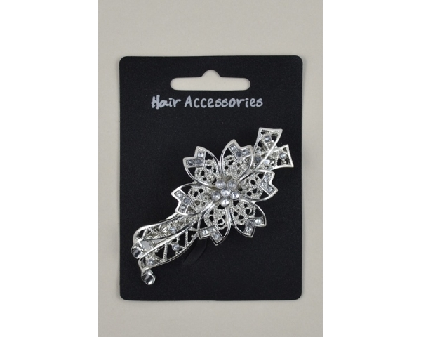 Silver flower shaped barrette decorated with clear diamantes