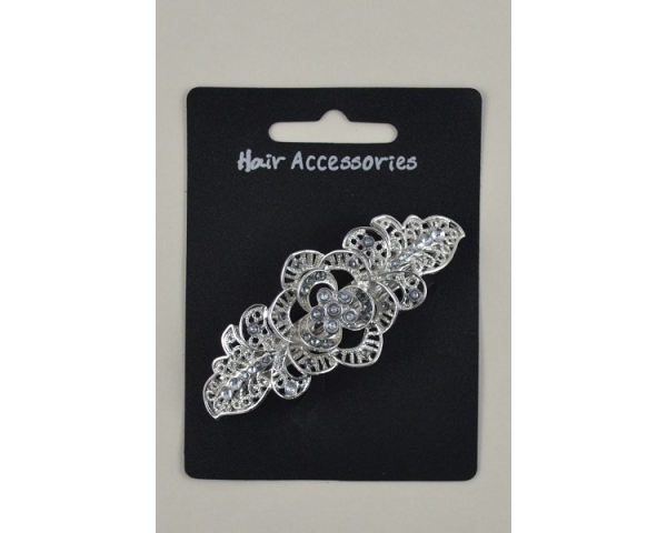 Rose shaped silver barrette with clear diamantes