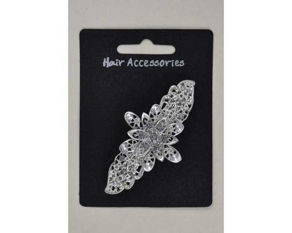 Silver flower burst barrette with clear coloured diamante stone detailing