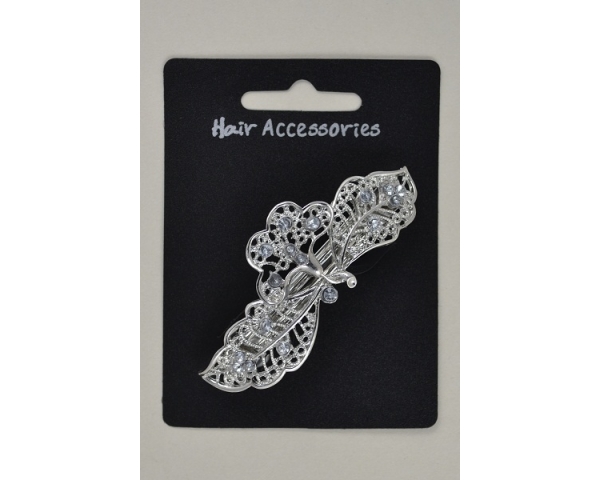 Silver flower & leaf barrette decorated with clear coloured diamante stones