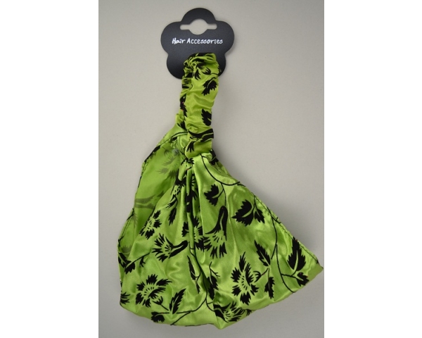 Sateen bandeau with velveteen flower motif. In lime green, black, 3 shades of pink