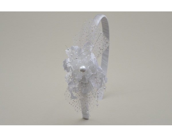 White sateen alice band with side flower decorated with pearl beads & netting. In 3 designs