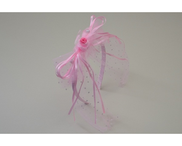 Pink sateen alice band with rose flower, chiffon, netting & beading. In 3 designs