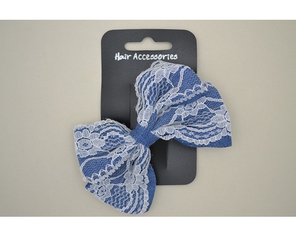 Denim bow beak clip with white lace overlay