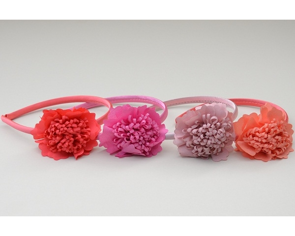 Sateen alice band with chiffon flower design. Colours as shown