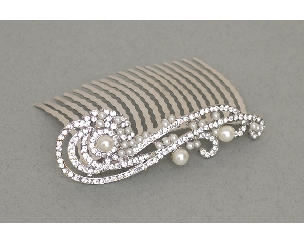 Scroll designed crystal stone comb finished with pearl beads