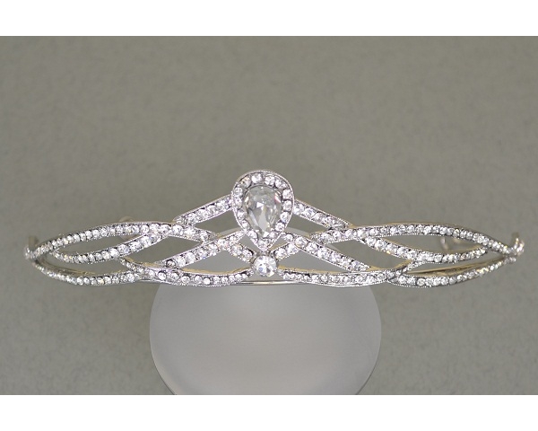 Tiara with centre crystal stone in a teardrop shape surrounded by smaller crystals
