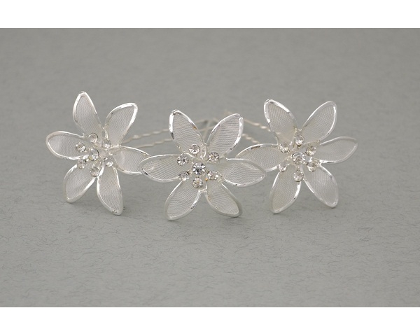 12 x Large silver flower hair pin with mesh inlay & 7 crystals. Flower approx 4cm.