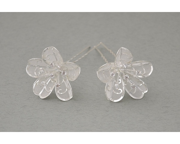 12 x Tulip shaped silver hair pin decorated with mesh inlay, silver scroll and crystals. Approx 3.5cm.