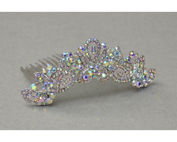 Teardrop & flower comb tiara in an AB stone finish. Length 9cm, height 2.5cm approx