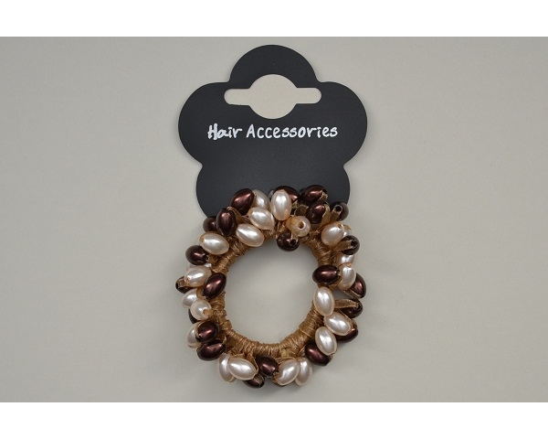 Pearlescent beaded scrunchie in brown & cream