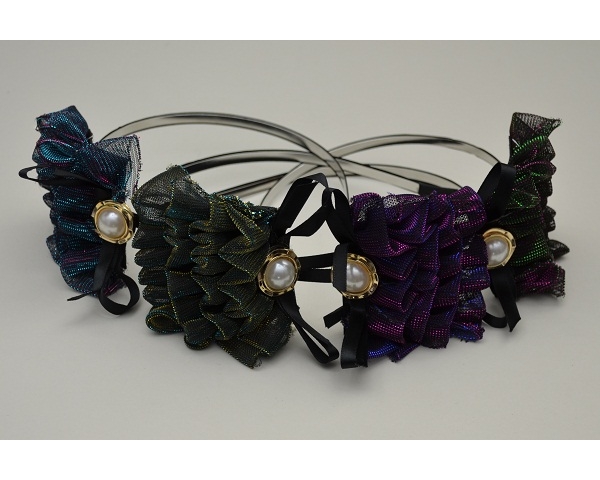 Two tone metallic colour side ruffle on alice band with sateen ribbon and pearl bead detail. Colours as shown