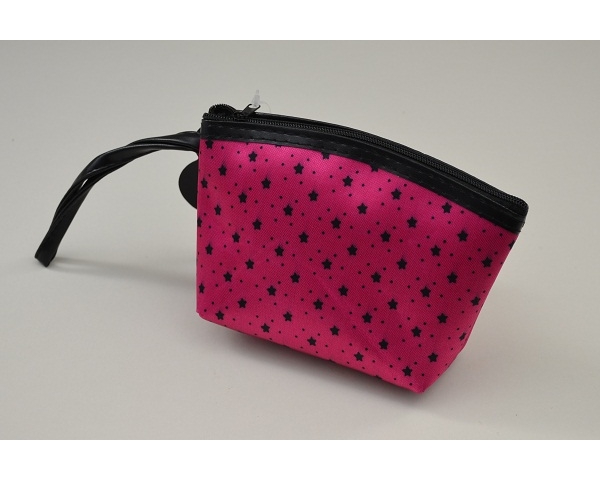 Medium size purse/bag with pretty star decoration and wrist strap. In red, fuschia and black per pack. L=15 x W=2 x H=11 cm