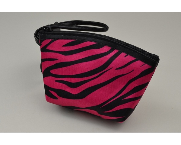 Medium sized purse/bag in zebra print style with wrist strap. In white, gold & fuchsia L=15 x W=2 x H=11 cm