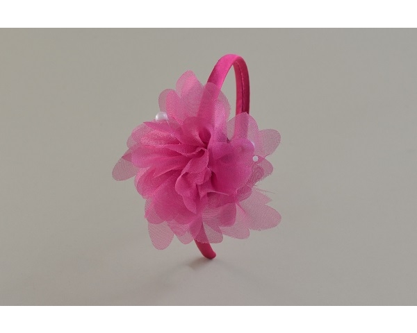 Sateen alice band decorated with side chiffon and bead flower. 3 colours per pack as per images