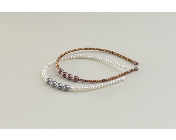 Pearl Bead Alice Band with side design. In cream with grey beads  &  bronze per pack. Uncarded