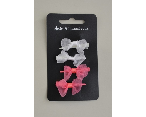 4 mini beak clips with chiffon bow per card. Assorted colours per pack as per images