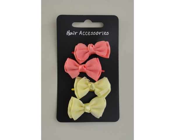 4 mini beak clips with chiffon bow per card. Assorted colours per pack as per images