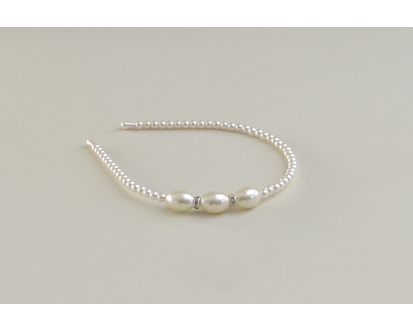 Cream pearly bead covered alice band with 3 side mounted larger beads & diamantes