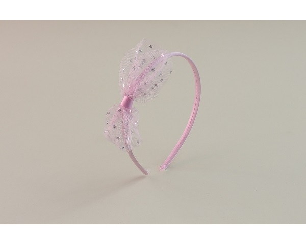 Pink sateen covered alice band with side netted bow and silver glitter