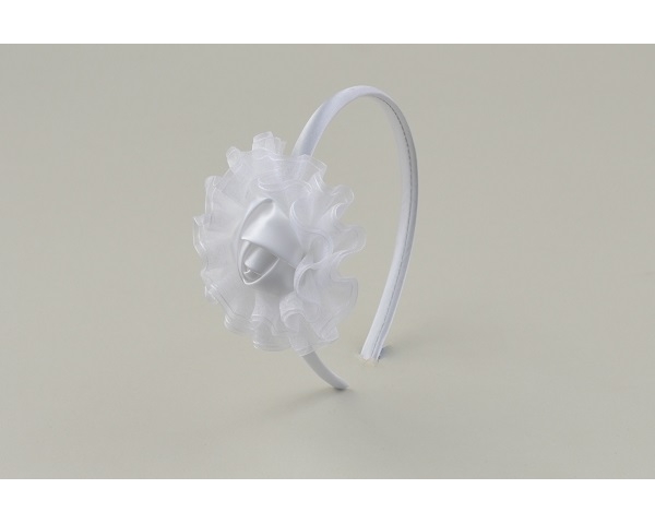Sateen covered alice band with side rose bud and shimmering ruffle. 3 colourways as per images per pack