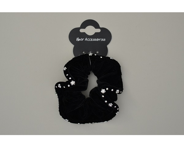 Large black velveteen scrunchie with daisy diamante trim