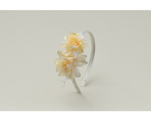 Pretty double flower with pearl beads on sateen covered alice band. 4 colourways per pack as per images