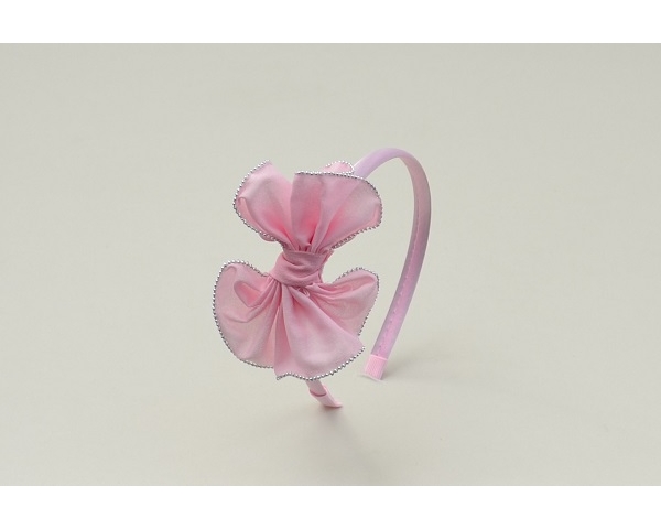 Side mounted bow with silver bead trim on sateen covered alice band. Tones of pink per pack as per images